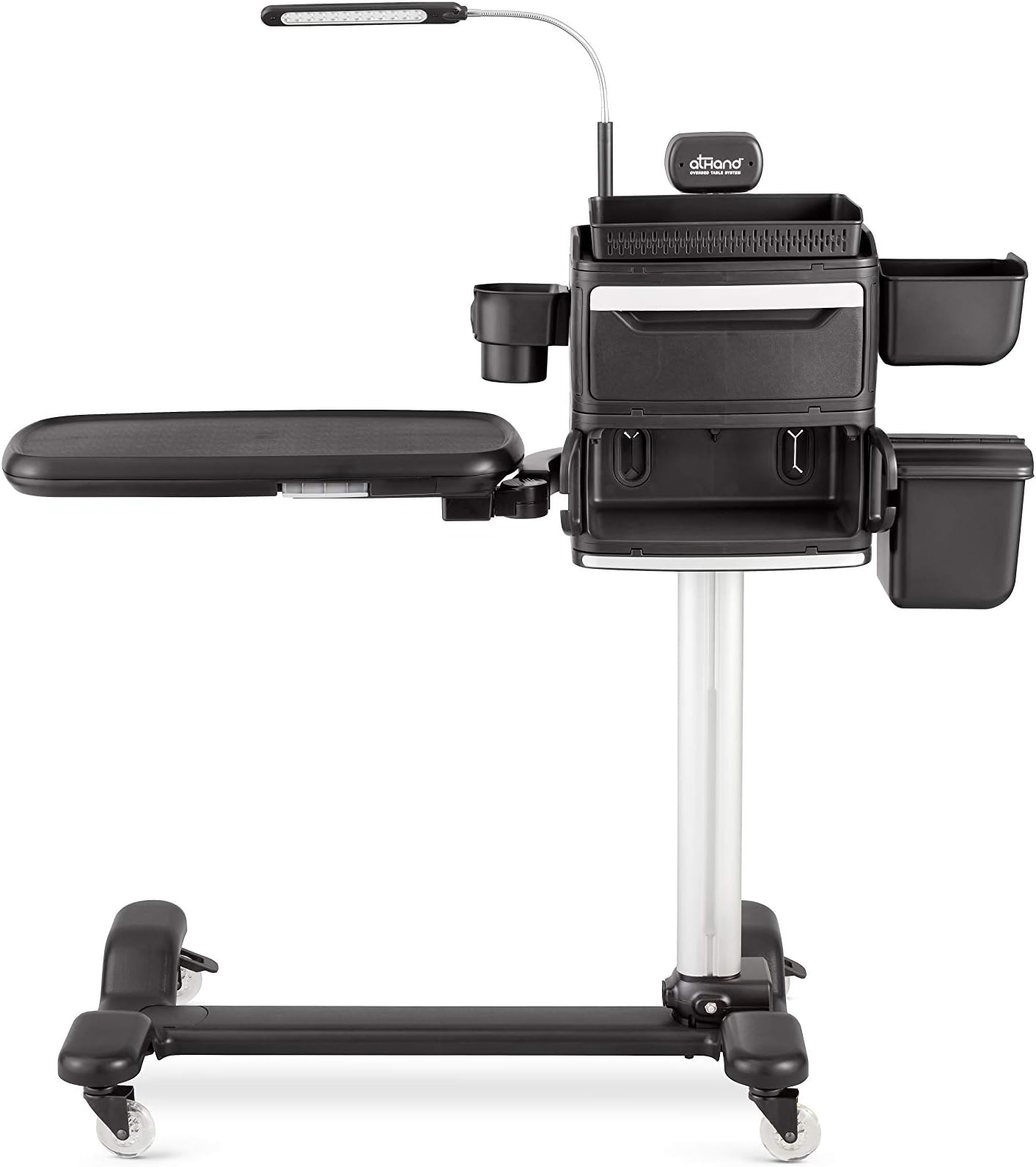 atHand Overbed Table System Bundle - The ONLY Tray Table With Storage Drawers, Charging Ports, Extra Power Outlets & Reading Lights. Table For Bed Or Chair Side. Incl Accessory Kit (Black, Right Side)