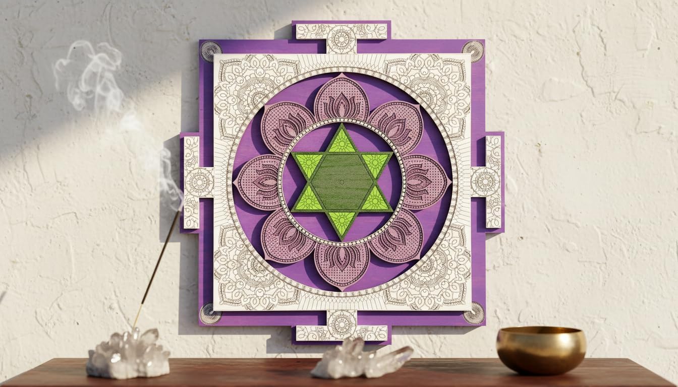 Lakshmi Yantra Wooden Wall Art 70 cm (27.6"), Lavender White Green Sacred Geometry Mandala, Prosperity Abundance Symbol, Meditation Yoga Room Spiritual Wall Hanging