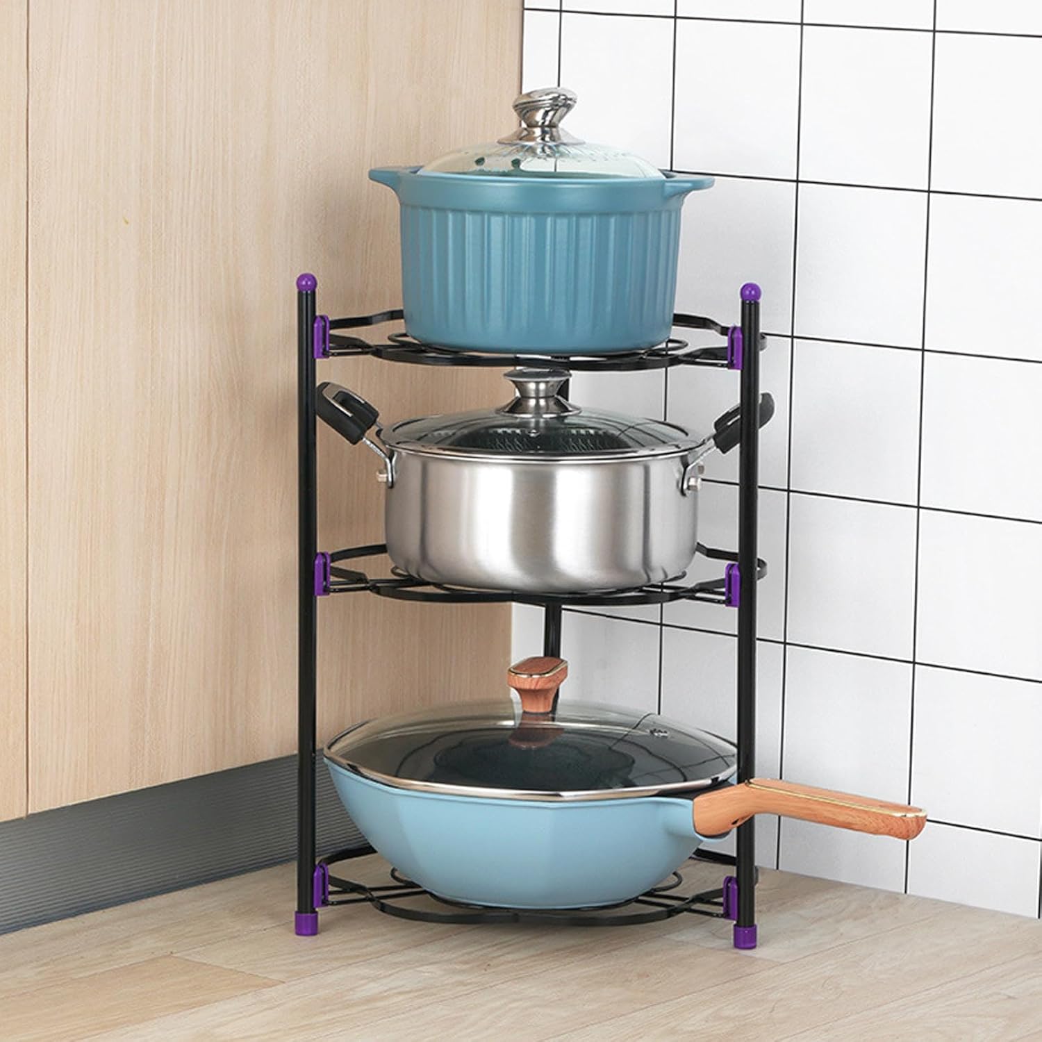 Pan Organiser for Cupboard Saucepan Storage -2-5 Tiers Pan Stand Pot & Pan Racks Pan Storage Organiser Pot Stand - Space Saving Kitchen Organizer,3 Tiers