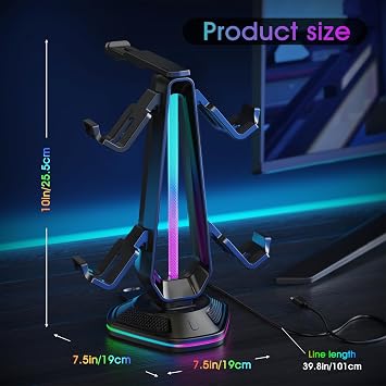 Luckit Gaming Headphones Stand, RGB Headset Stand with 12 Light Modes, Controller Holder with 2 USB Charging Ports - Supports Data Transfer, Earphone Hanger Accessories for Desktop Gamer
