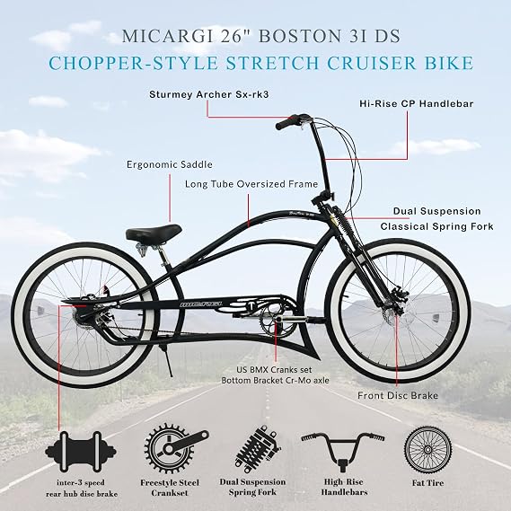 MICARGI 26 7/GT7/3I DS Speed Bicycles Boston Chopper-style Stretch Cruiser Bikes, Hi-ten Steel Frame for Adult Women Men,Multiple Colors