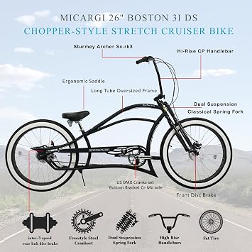MICARGI 26 7/GT7/3I DS Speed Bicycles Boston Chopper-style Stretch Cruiser Bikes, Hi-ten Steel Frame for Adult Women Men,Multiple Colors