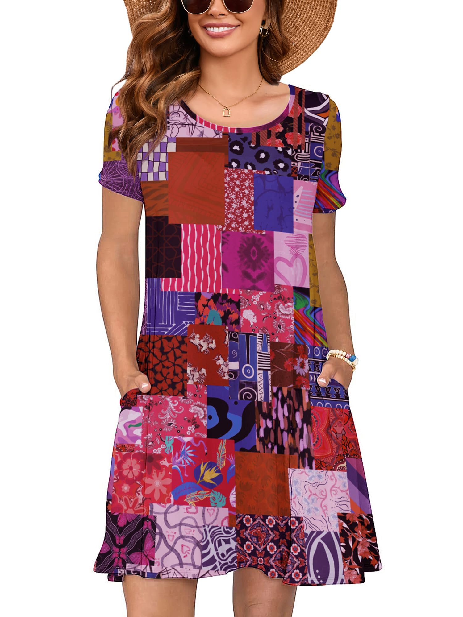 Heymoments Summer Dresses for Women Short Sleeve Crewneck Swing Sundress Casual A-Line Flowy Dress with Pockets S-2XL