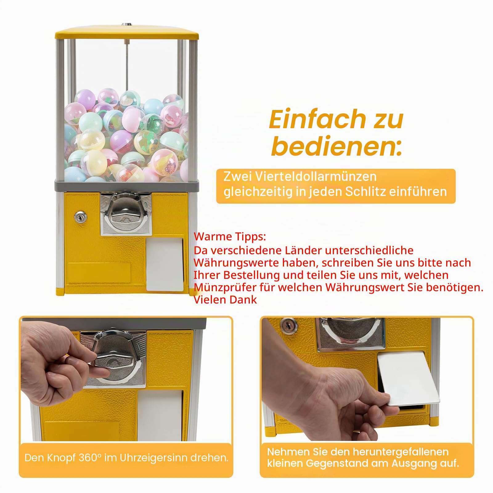 Kapselautomat, kommerzieller Kaugummiautomat für Süßigkeiten, automatischer Kapselautomat für Einzelhandelsgeschäfte, runder Kapsel-Hüpfballspender für 4,5–5,5 cm für Spieleläden,Yellow