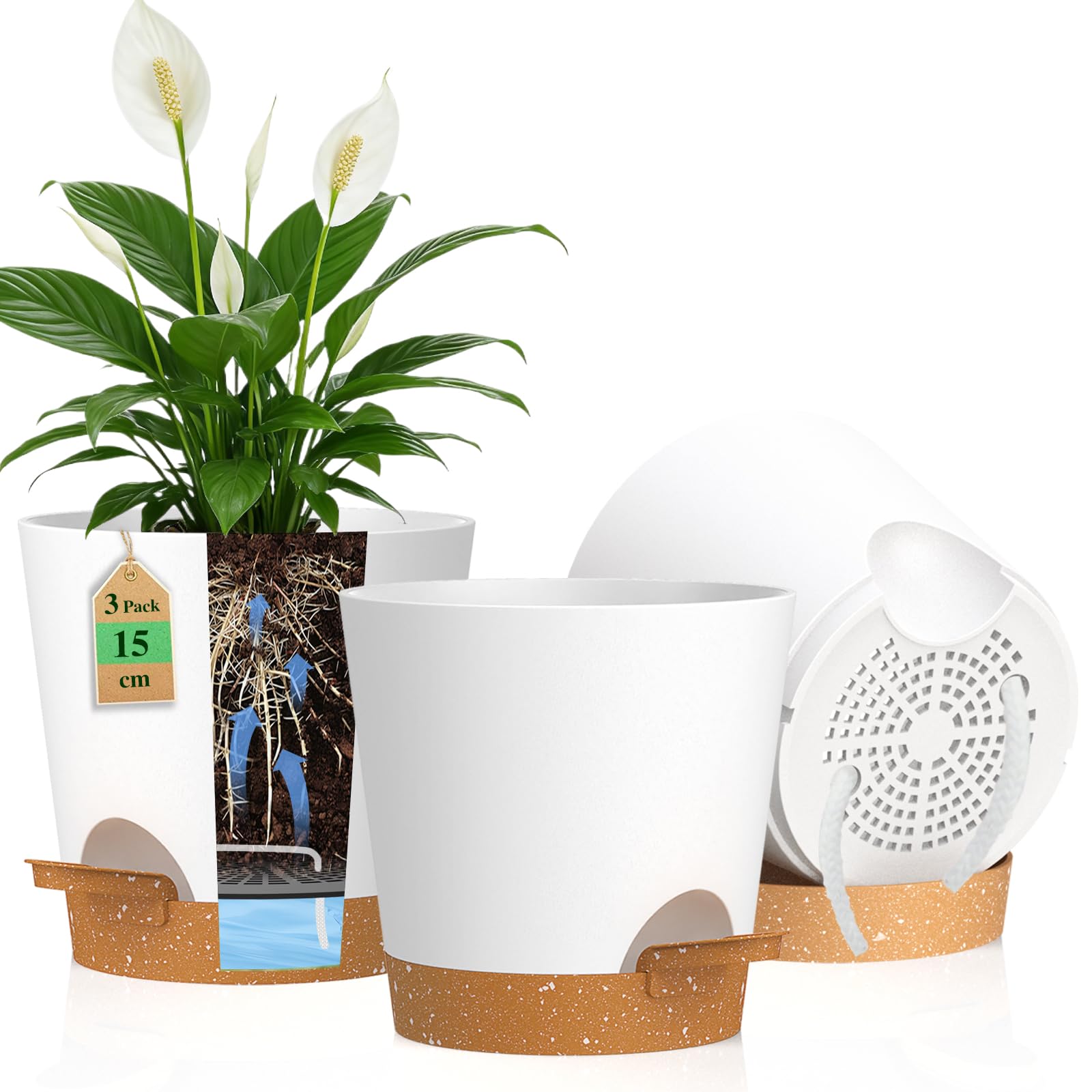 WSMKSZ 15 cm Self Watering Plant Pots Indoor, 3 Pack 6 inch Thick Plastic Flower Pots with Drainage Holes and Removable Reservoir, Small Nursery Pots with Cotton Wick for House Plants, White Brown