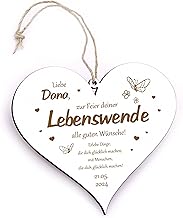 Lebenswende Blessing Party Sign Heart Engraved - Alles Liebe zur Lebenswende - Gift with Name + Date Personalised Wooden Decoration 13 x 12 cm
