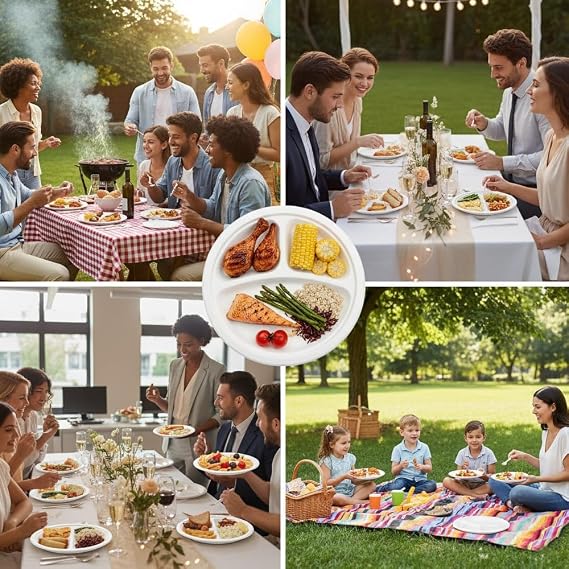 1ABOVE 10 Inch 3 Compartment 50 Pack Extra Strong White Disposable Bagasse Plates, 100% Compostable and Biodegradable, Made from Sugarcane Fibre, Perfect for BBQ, Wedding, Office, Picnics and Parties