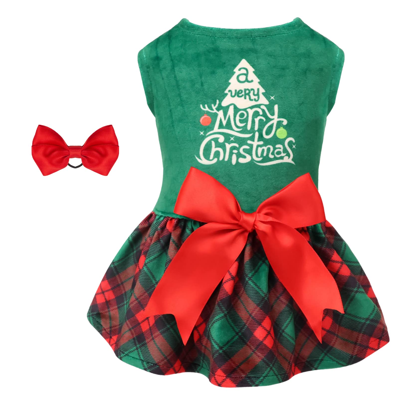 CuteBone Christmas Tree Dog Dress Velvet for Small Dogs Girl Puppy Dresses Green Plaid Dog Clothes CVA05XS-D