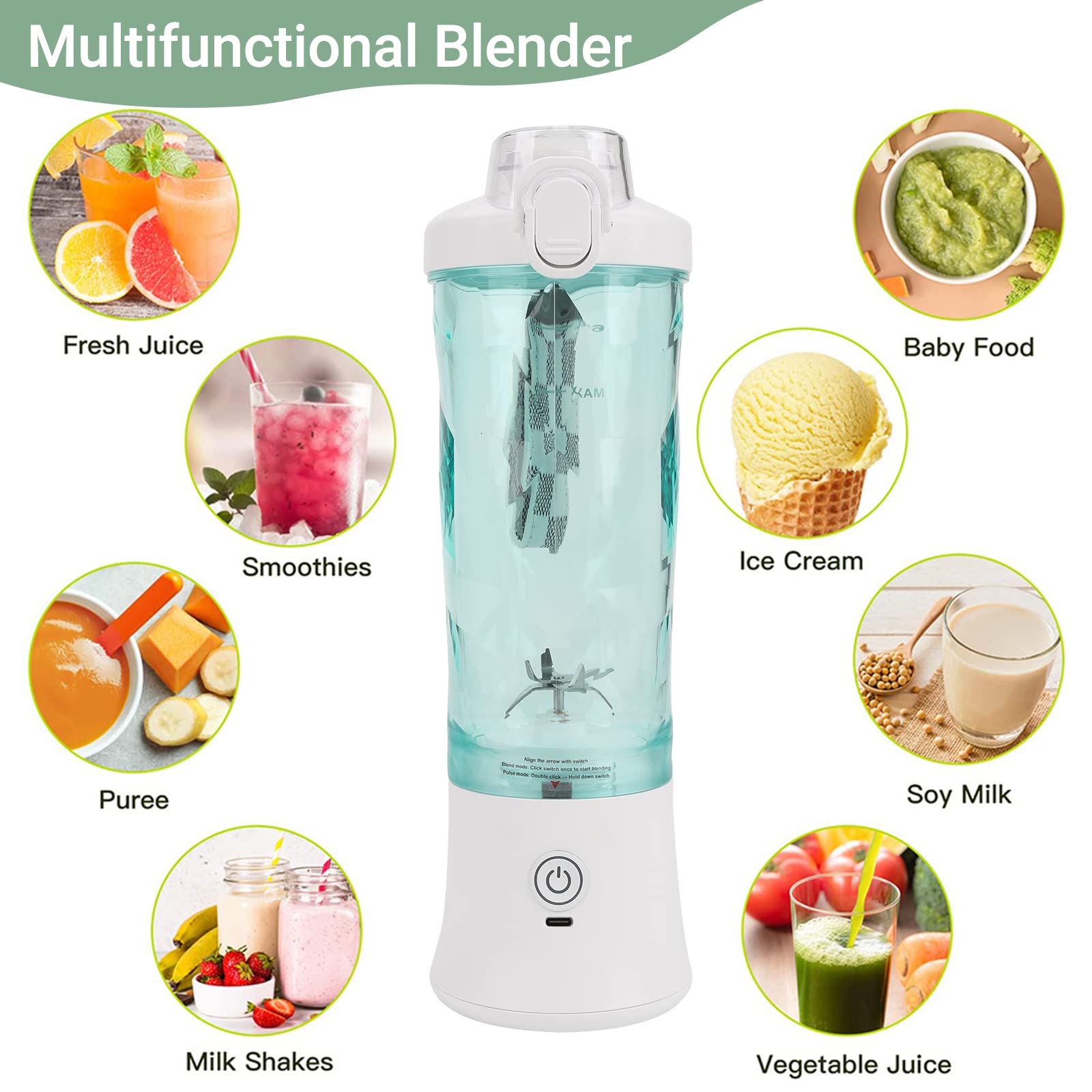 Frullatore Portatile, 600ML Mini Frullatore Smoothie USB Ricaricabile con 6 Lame Frullatore Personale per Frullati, Frutta e Verdura Tazza per Casa, Campeggio e Viaggi (bianco)