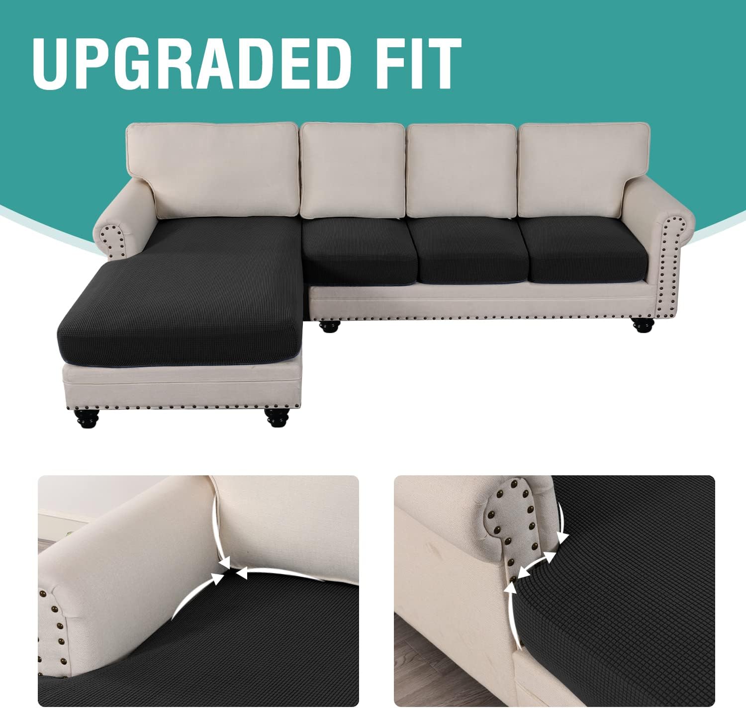 4 Pieces Sectional Couch Covers L Shape Sofa Cover Separate Cushion Couch Chaise Lounge Cover Stretch Sofa Slipcover Furniture Protector for Both Left/Right Sectional Couch (4 Seater, Black)