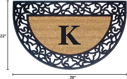 Miniatura 2 de Felpudo monograma de media luna de fibra de coco con diseño de borde de goma antideslizante, inicial de monograma, borde de goma negro, 22 x 36