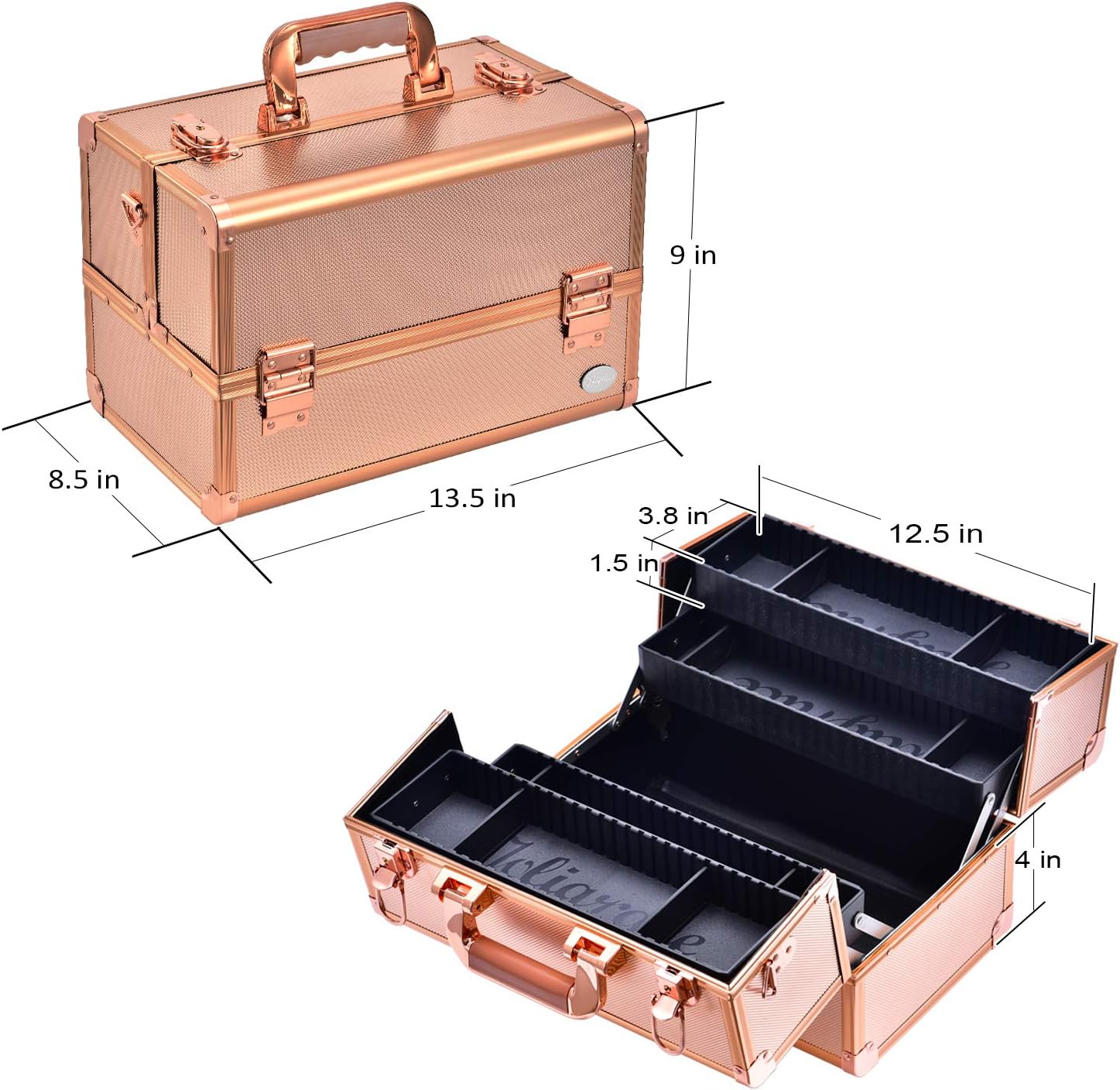 Joligrace Makeup Train Case Professional - 13.5 Inch Portable Artist Lockable Aluminum Cosmetic Organizer Storage Box with 4 Adjustable Dividers Trays 2 Locks and Shoulder Strap Rose Gold : Beauty & Personal Care