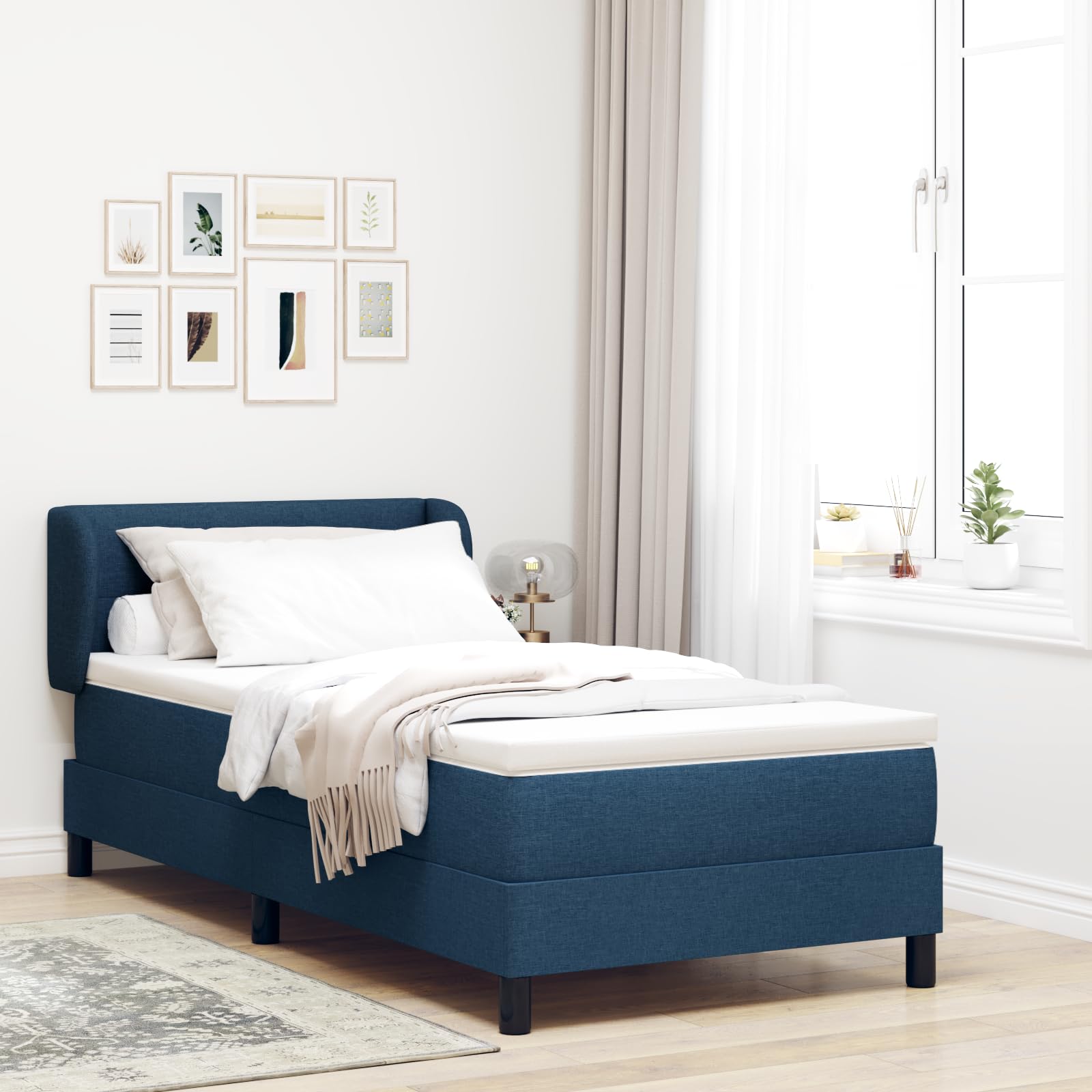 Cama con somier con colchón azul, 90 x 190 cm, tejido de muelles ensacados medio-firme, transpirable, funda extraíble