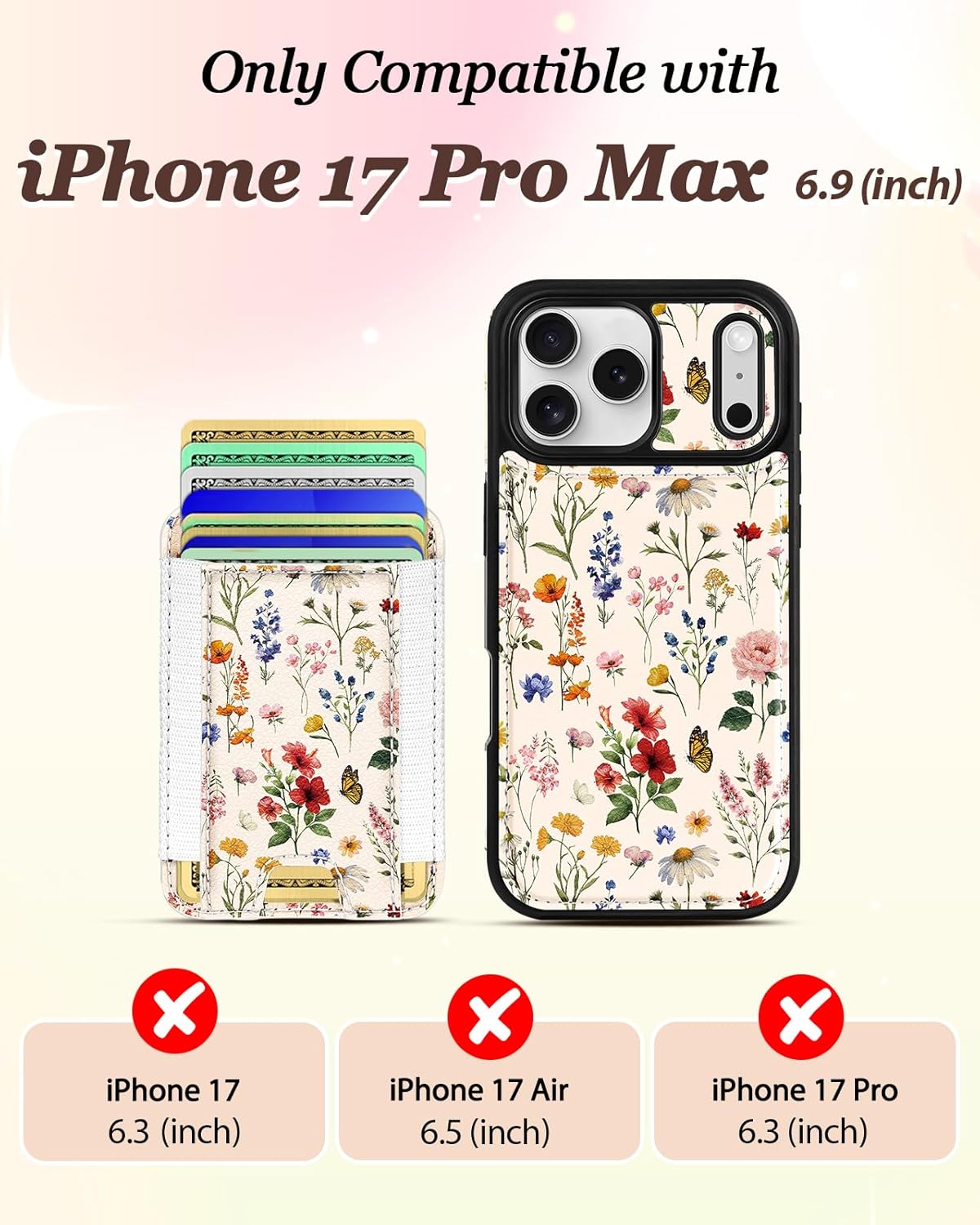 Shorogyt for iPhone 17 Pro Max Case Wallet - Fits 5 Cards, Compatible with Magsafe Detachable Magnetic Credit Card Holder Leather Cardholder Cute Phone Cover Women Girls for Apple 17 ProMax, Floral - Image 2