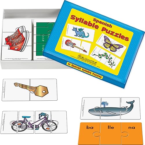 Really Good Stuff - Rompecabezas de sílabas españolas - 40 rompecabezas - Palabras de 2, 3, 4 y 5 sílabas - Incluye caja de almacenamiento - Guía de