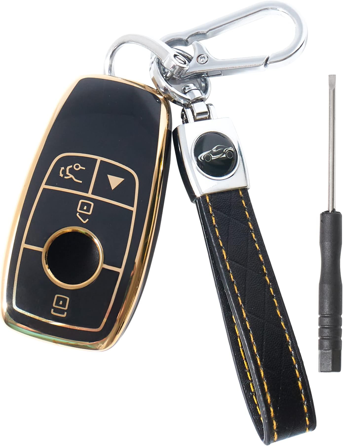 NuIthfor Mercedes Benz Key Fob Cover with Keychain, Key Cover with Gold-Edge Fit for Benz E S A C G Class, Soft TPU Key Case Shell Printed 4-Button Key Fob Case, Black