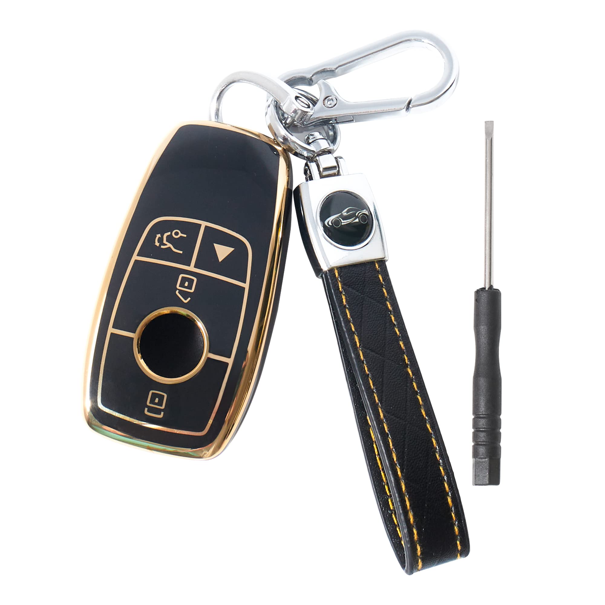 NuIthfor Mercedes Benz Key Fob Cover with Keychain, Key Cover with Gold-Edge Fit for Benz E S A C G Class, Soft TPU Key Case Shell Printed 4-Button Key Fob Case, Black