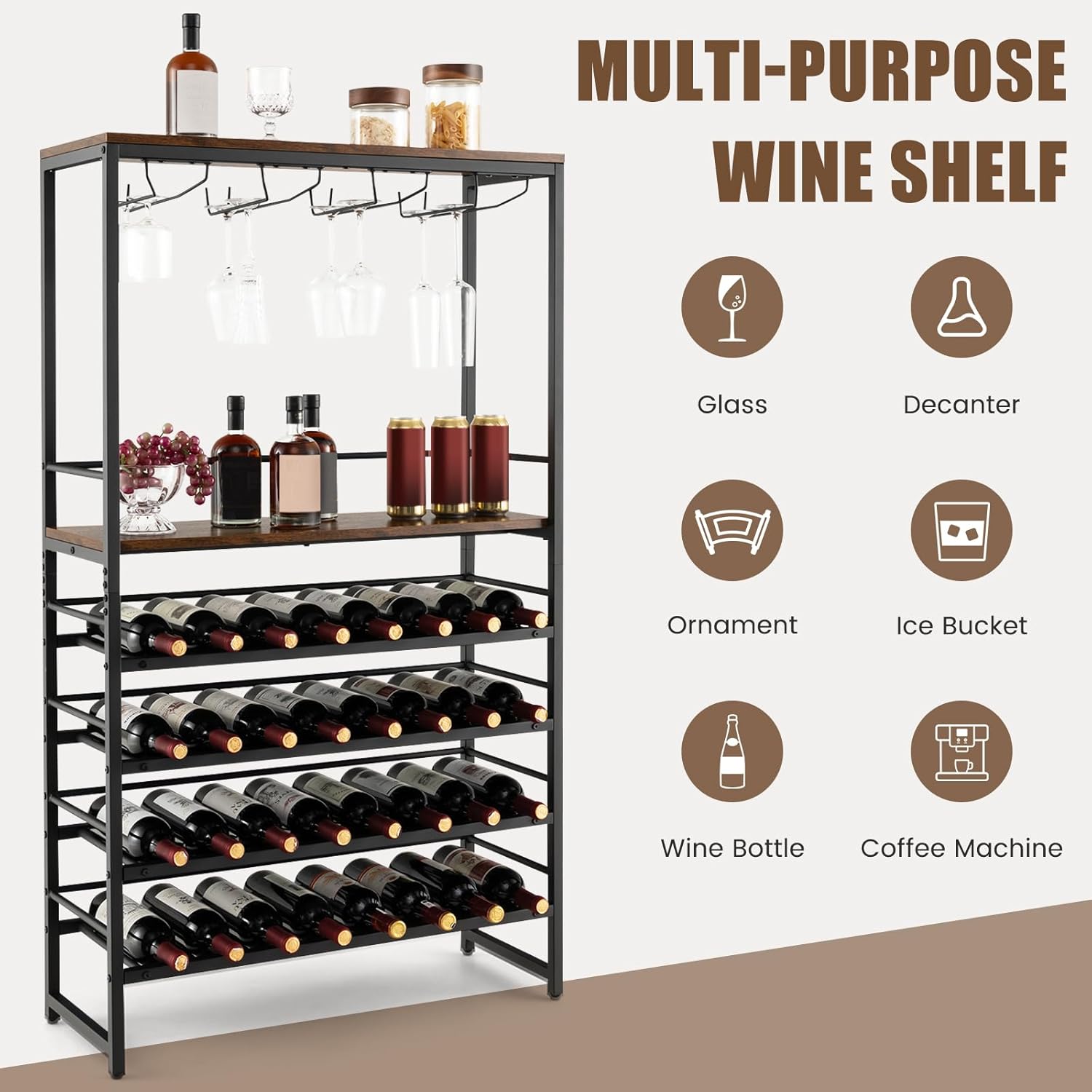 Giantex Freestanding Wine Rack for 32 Bottles & 16 Glasses, 4-Tier Storage & Stemware Racks, Multifunctional Wine Display Stand
