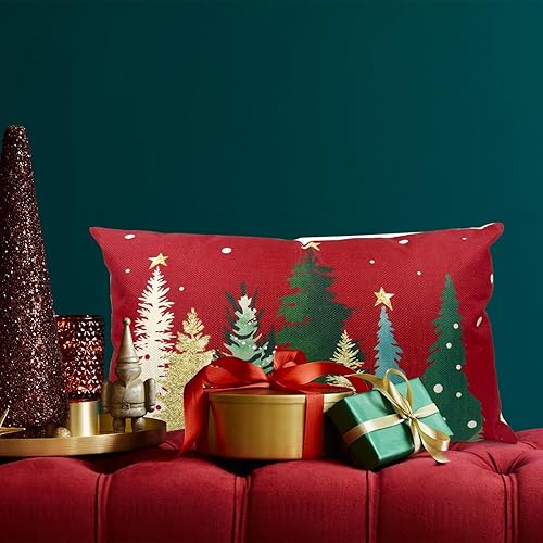 Miniatura 2 de QIANHED Funda de almohada roja con texto en inglés "Merry Christmas", 12 x 20 pulgadas, diseño de árboles de Navidad, copos de nieve, decoración de