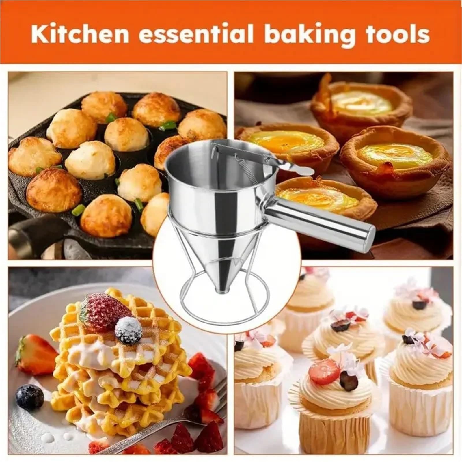 Teigspender 600/1200 ml Öl Eimer mit Halter Edelstahl Trichter Spender Cupcake Pfannkuchen Teig Octopus Ball Küche Backen Werkzeug(1200ML)