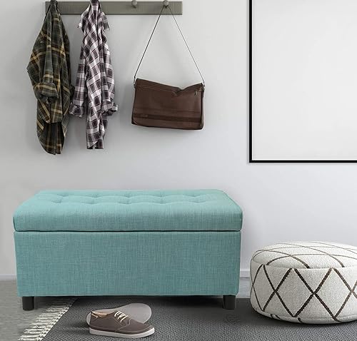 Miniatura 18 de Adeco Otomana de almacenamiento, banco tapizado rectangular de piel sintética con patas de madera, reposapiés, mesa de café para sala de estar,