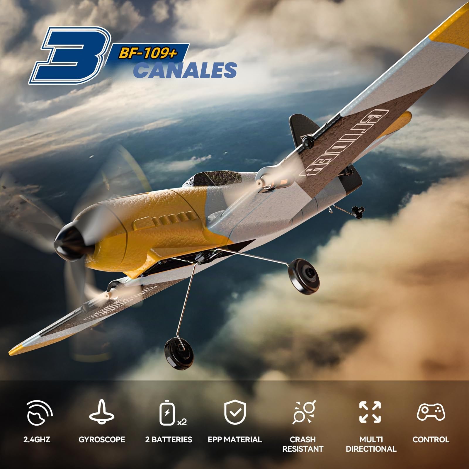 DEERC Avión RC de 3 Canales BF-109 RC Fighter Toy, 2,4 GHz, estabilizador giroscópico de 6 Ejes, Planeador RTF con 2 baterías, Adecuado para Adultos, niños, Principiantes para Volar…