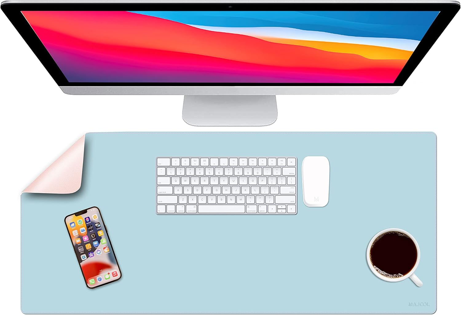 MAJOOL Leather Double-Sided Desk Pad Protector, Mouse Pad, Office Desk Mat, Large Mouse Pad Waterproof Desk Writing Pad for Laptop Computer Desk (23.6x13.7) (Baby Blue | Baby Pink)