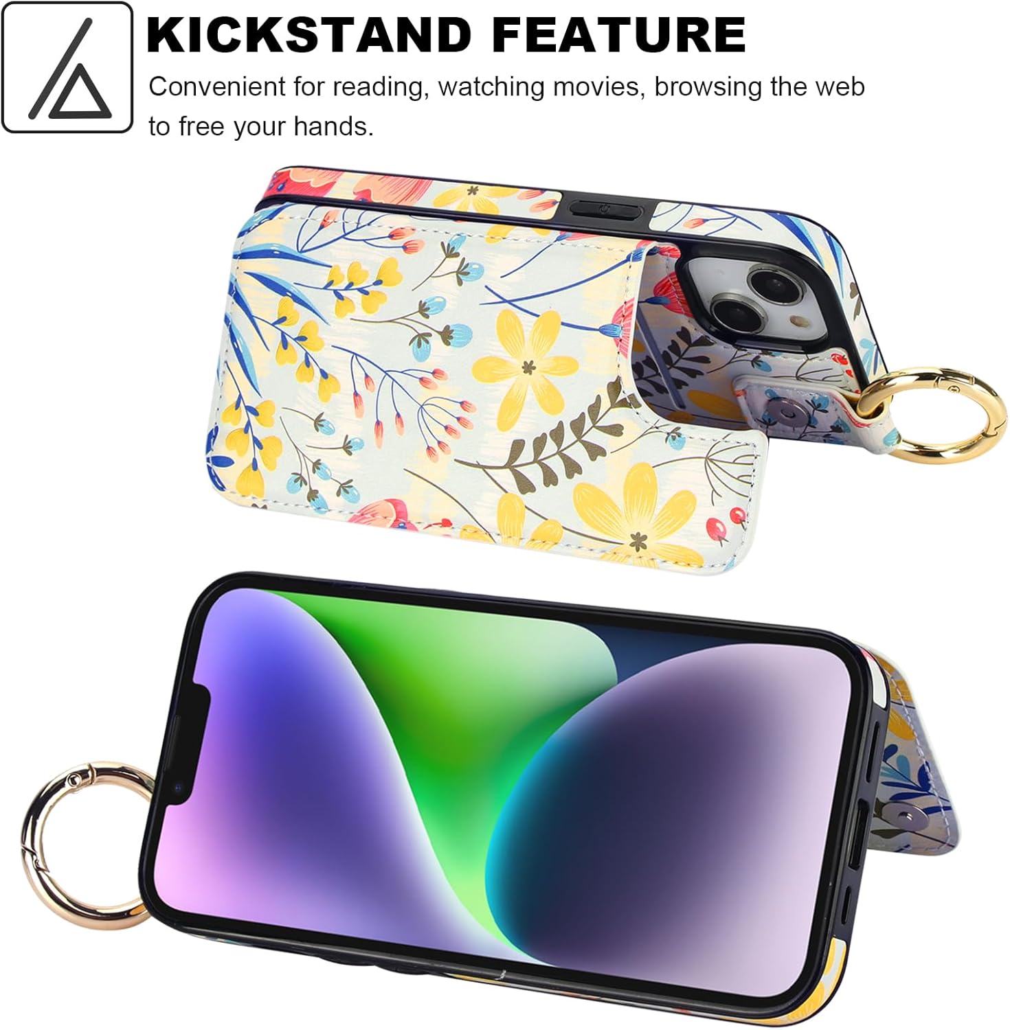 HAOPINSH for iPhone 13 iPhone 14 Wallet Case with Card Holder, Floral Flower Print Back Flip Folio PU Leather Kickstand Card Slots Case, Finger Grip Ring Double Magnetic Clasp Shockproof 6.1"