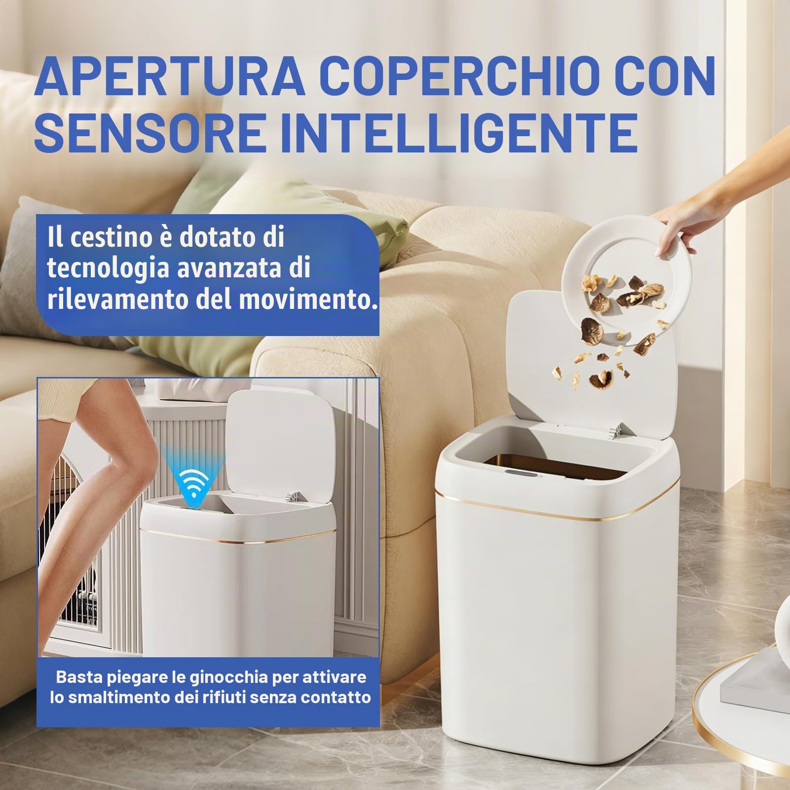 Pattumiera Automatica con Sensore di Movimento Senza Tocco Pattumiera Rettangolare in Plastica Elettrica Intelligente da 11 Litri con Coperchio, Adatta Per Soggiorno, Camera da Letto, Cucina Per Uffic