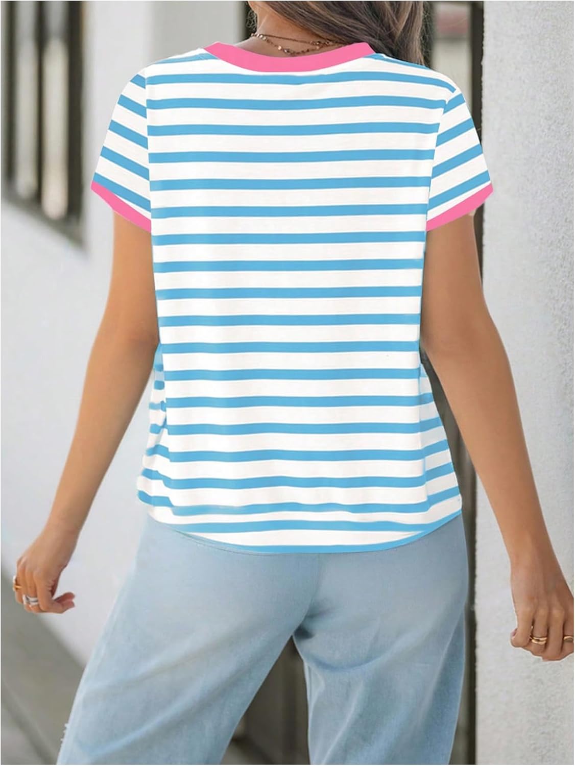 SHENHE Women's Summer Top Crew Neck Short Sleeve Striped Tshirt Color Block Fashion Top Tee - Image 2