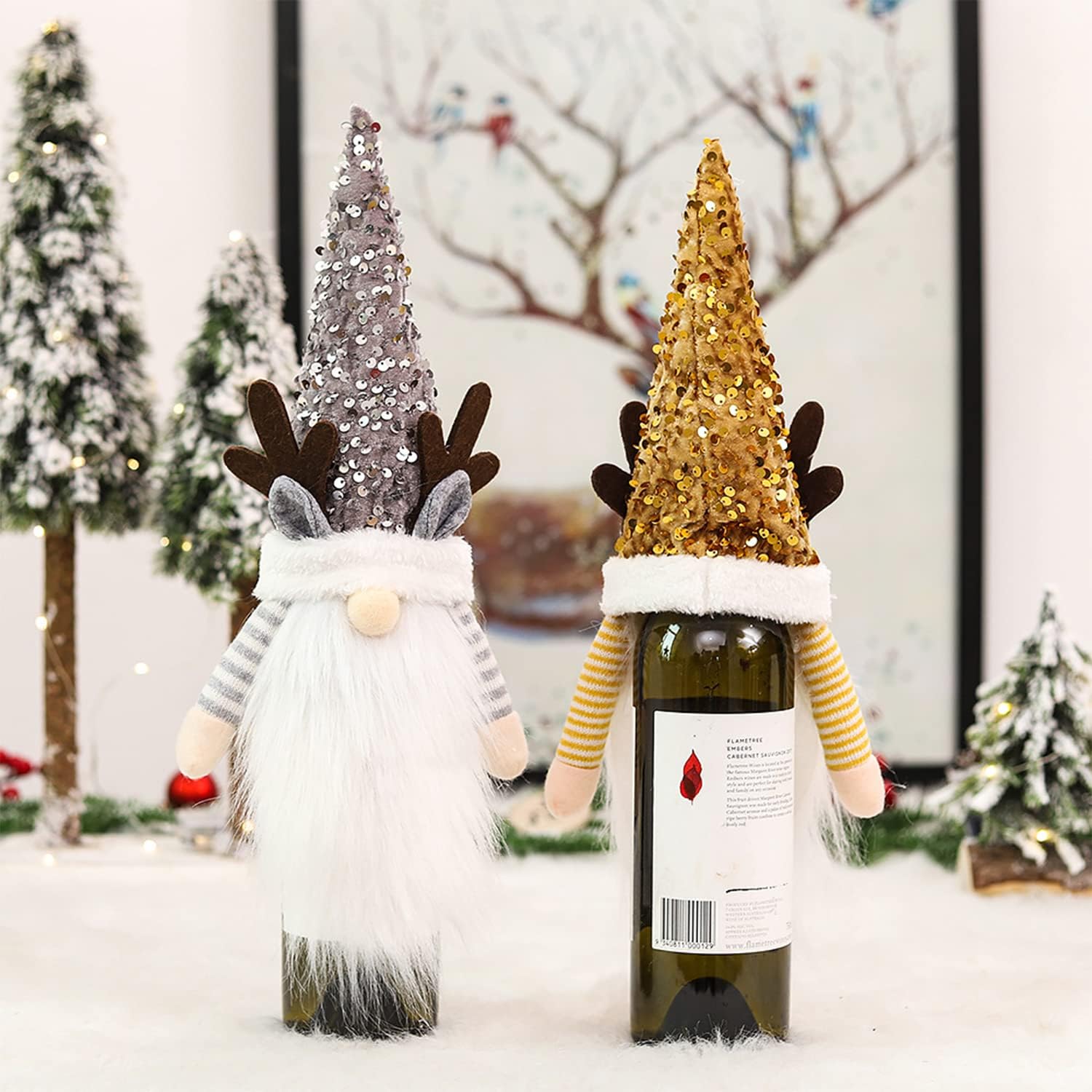 Reindeer Christmas Gnome Wine Bottle Covers 3 Pack Swedish Tomte Decorative Wine Bottle Toppers Red Gold Silver Champagne Cover for Home Holiday Xmas Dining Table Decorations Party Gift