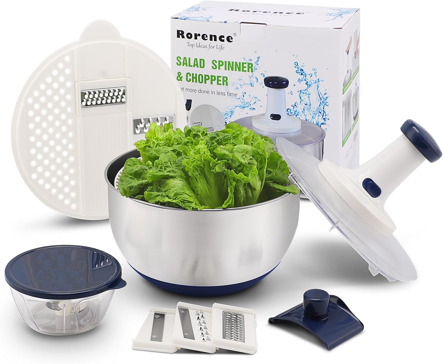 Rorence 3 in 1 Stainless Steel Pump Salad Spinner Food Chopper Set: Large Collapsible Lettuce Spinner, Chopper for Vegetable Slicer and Dicer, 5 QT Mixing Bowl with 5 Graters Rorence 3 in 1 Stainless Steel Pump Salad Spinner Food Chopper Set: Large Collapsible Lettuce Spinner, Chopper for Vegetable Slicer and Dicer, 5 QT Mixing Bowl with 5 Graters