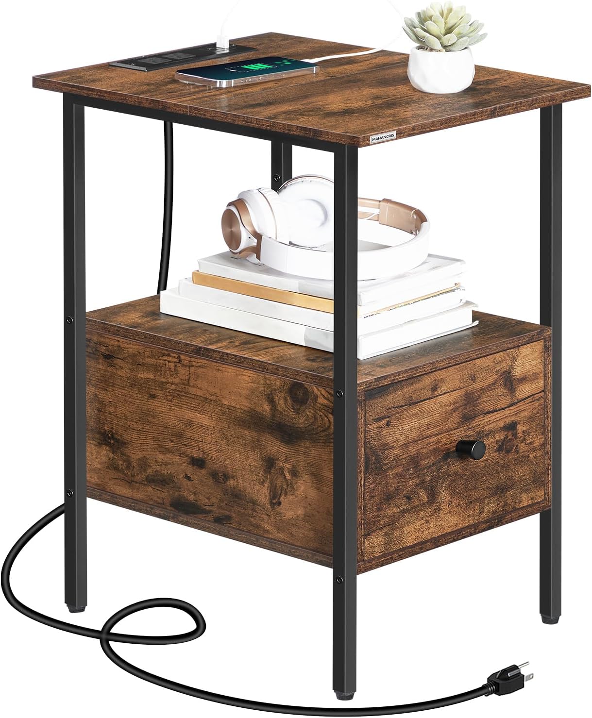 MAHANCRIS End Table with Charging Station, 17.3Inch Nightstand with Wooden Drawer