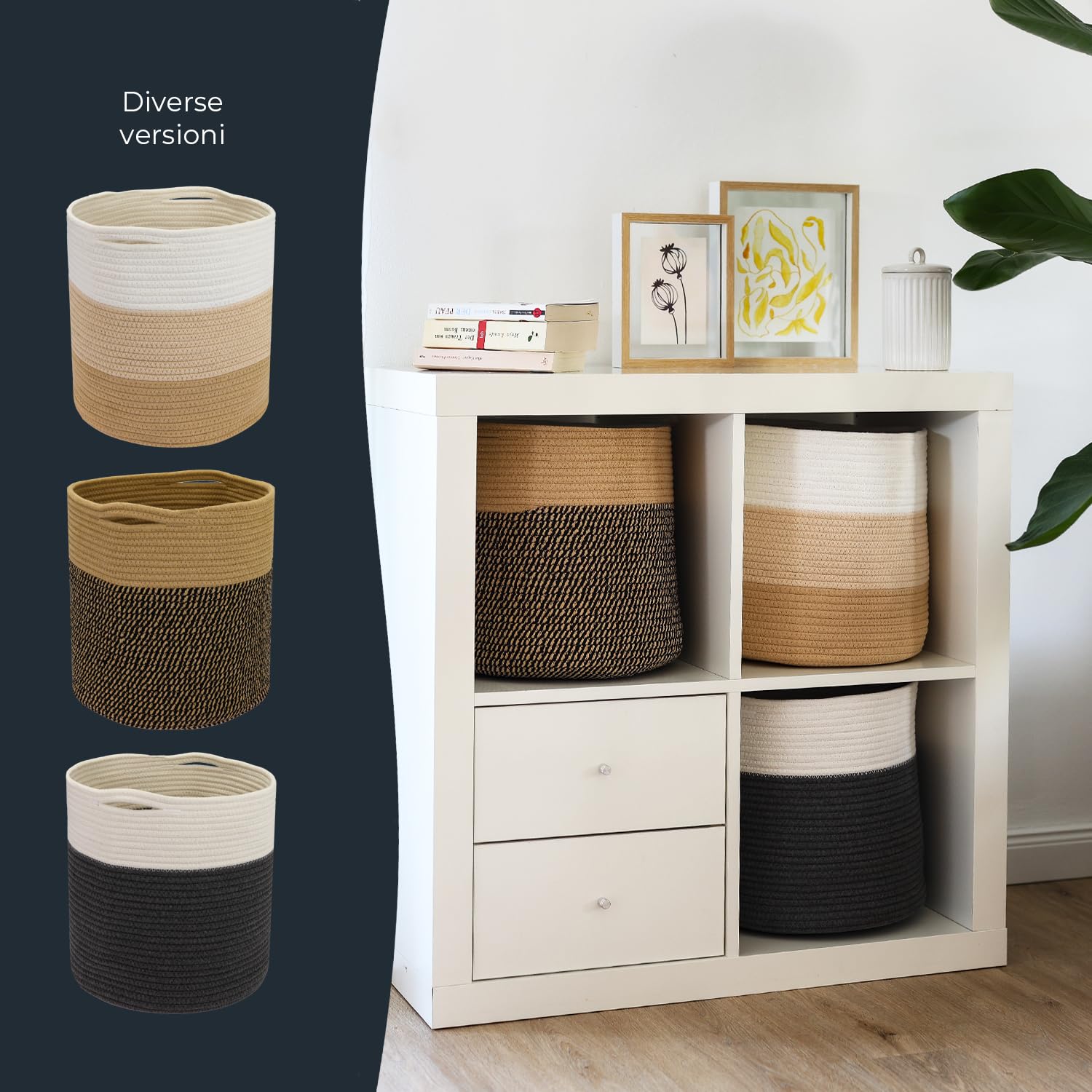 HMF Cesto portaoggetti con manici nascosti, cesto rotondo adatto per Kallax | 31 x 31 cm | Nero-Miele