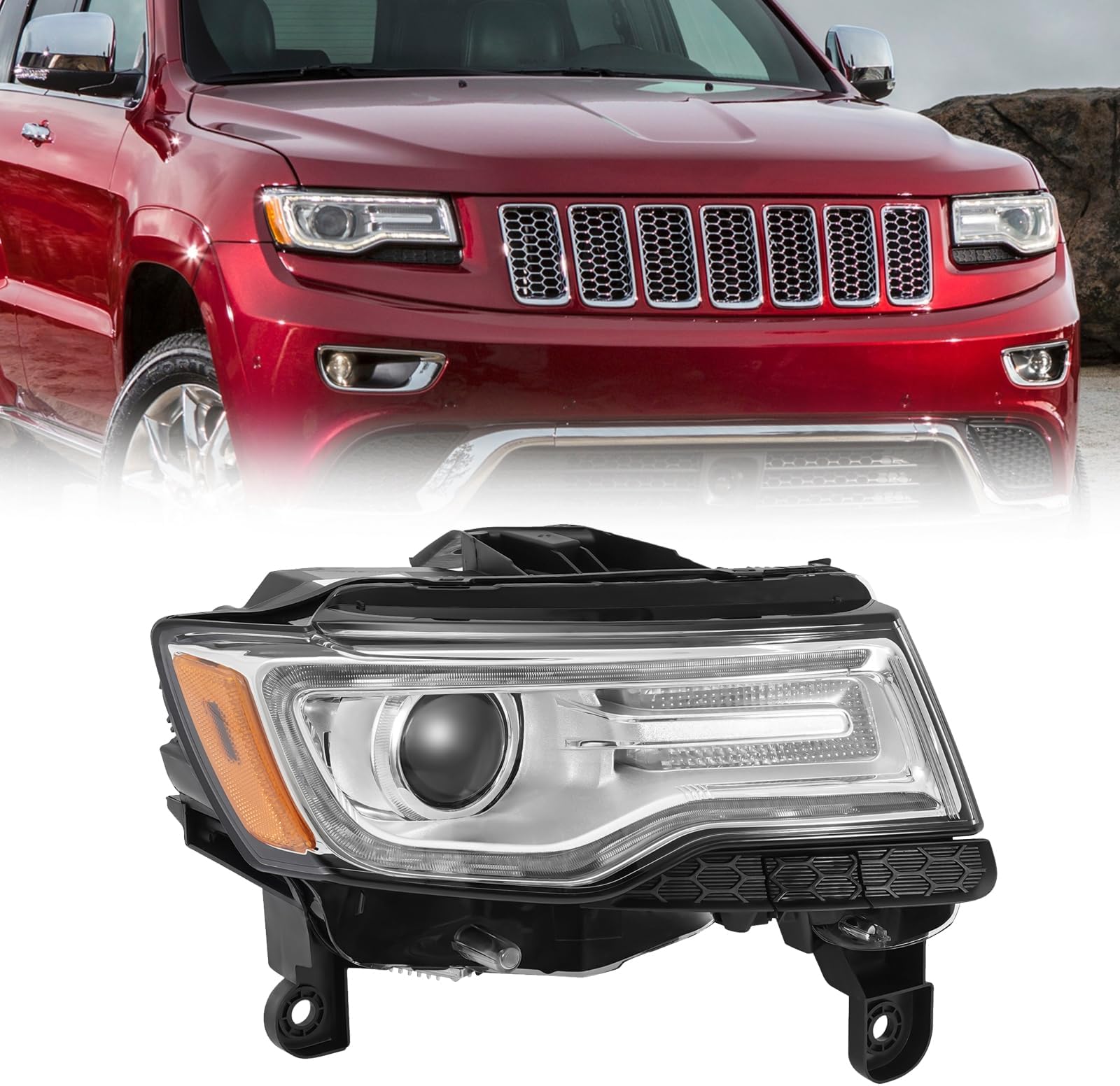 For 2014 2015 2016 2017 2018 2019 2020 2021 Jeep Grand Cherokee HID Headlight Assembly w/o AFS 10 Pins Models Front Passenger Right Side Headlamp Replacement Black Housing Clear Lens 68144702AL