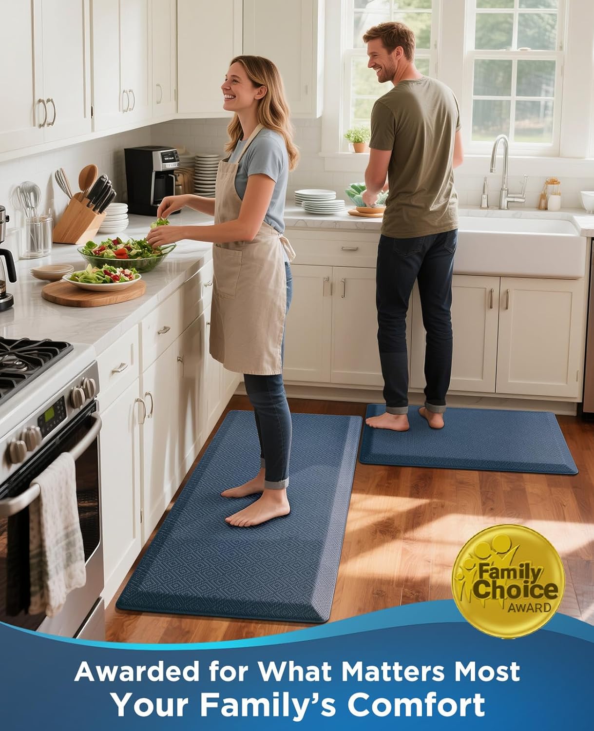 Ophanie Kitchen Mats for Floor, 3/4 Inch Thick Kitchen Rugs, 20'' x 60'' Anti Fatigue Standing Cushioned Mat, Waterproof,Comfort Ergonomic Mat for Office, Home, Sink,Blue Non-Slip Bottom