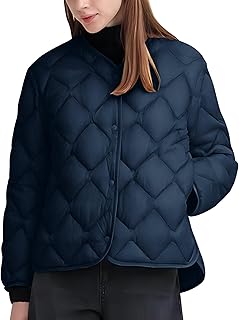 Womens Quilted Jackets Long Sleeve Button Down Diamond Puffer Jacket Winter Outerwear with Pockets