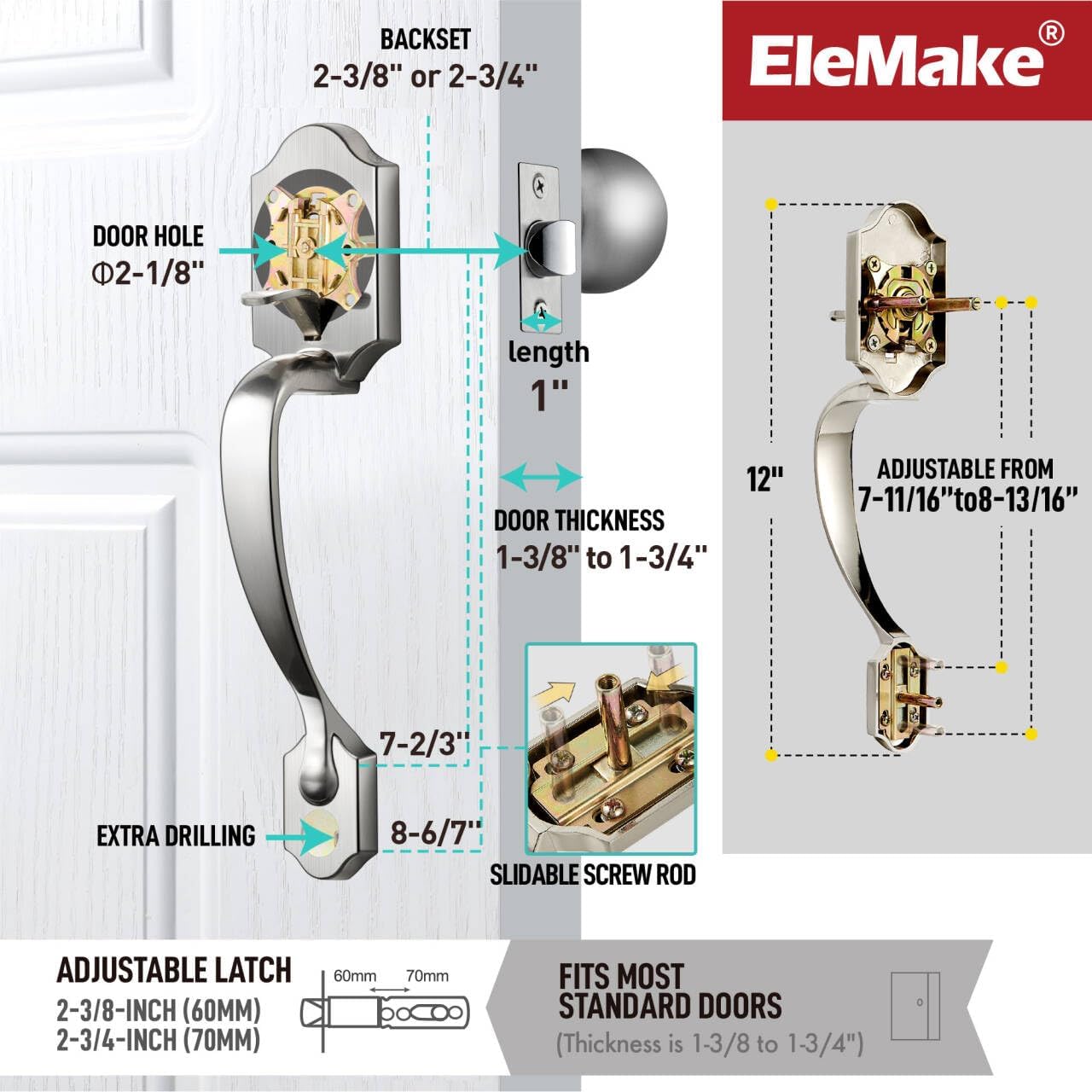 Front Door Handle with Interior Cove Knob, Satin Nickel, No Lock | Reversible for Left/Right Hand Door, Exterior Lower Half Grip, Entry Door HandleSet, Pairs with Smart Locks