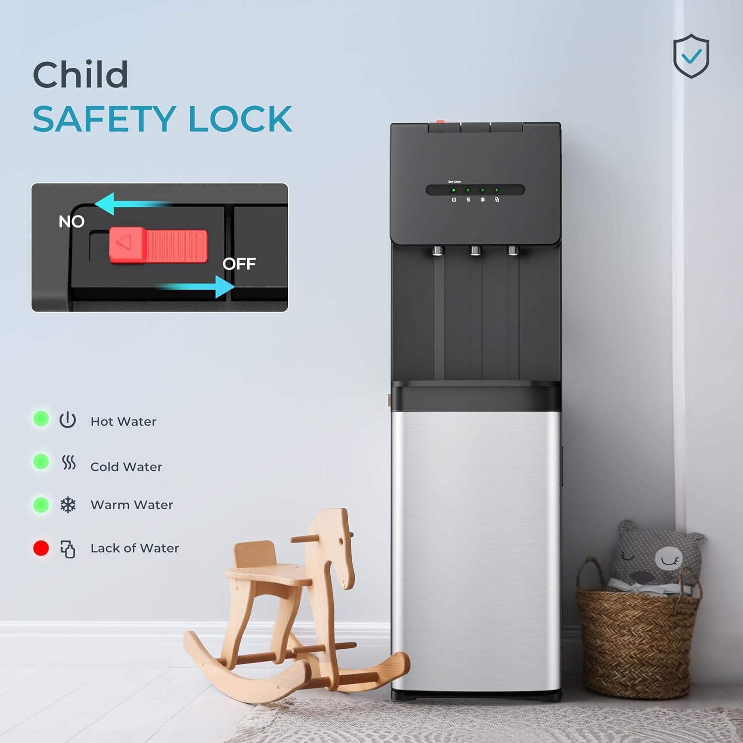 Close-up of the dispenser showing three spouts and temperature labels: Hot, Warm, Cold
