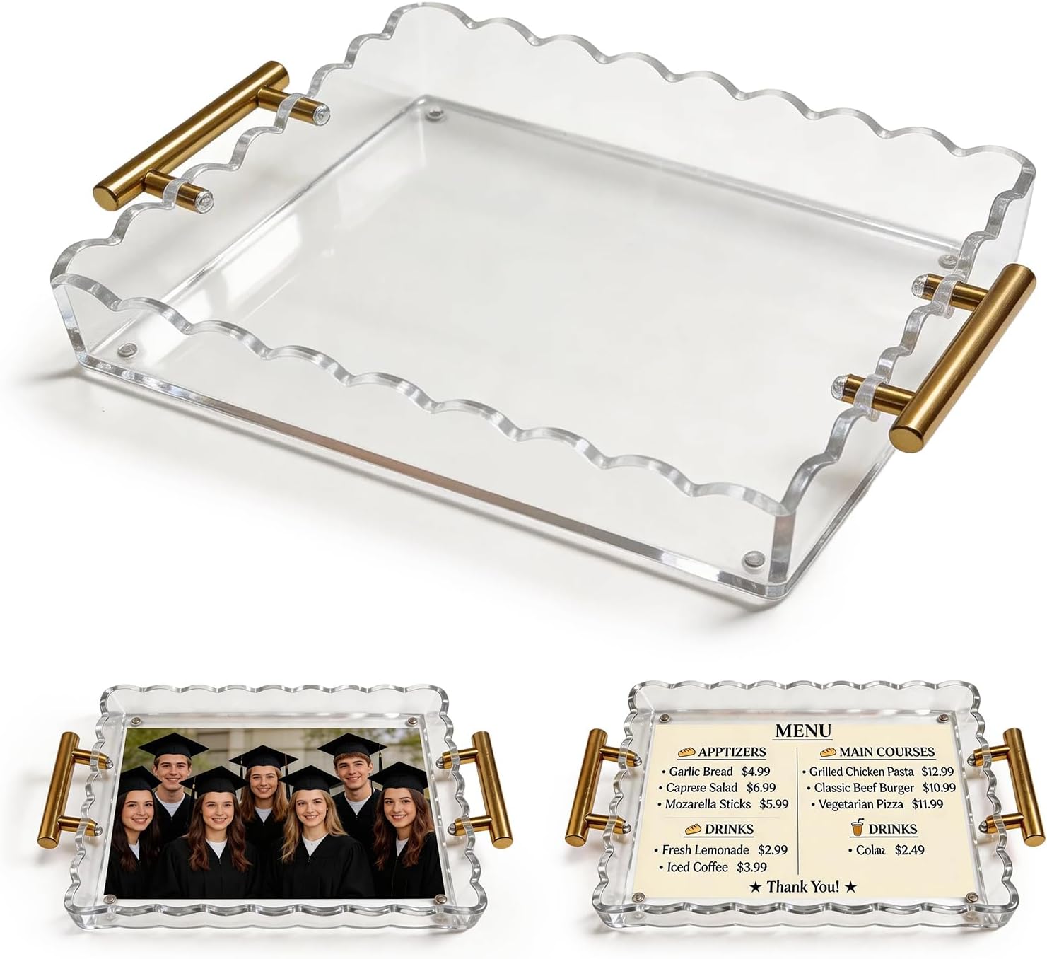 Scalloped Tray, Acrylic Tray with Insert — 12.60 × 7.87 × 1.97 Inches with Magnetic Pad and Handles, Durable Acrylic Organizer for Vanity, Bathroom, Kitchen Countertop & Coffee Table
