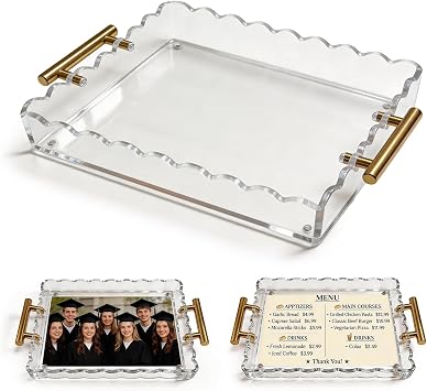Scalloped Tray, Acrylic Tray with Insert 12.60 7.87 1.97 Inches with Magnetic Pad and Handles, Durable Acrylic Organizer for Vanity, Bathroom, Kitchen Countertop & Coffee Table