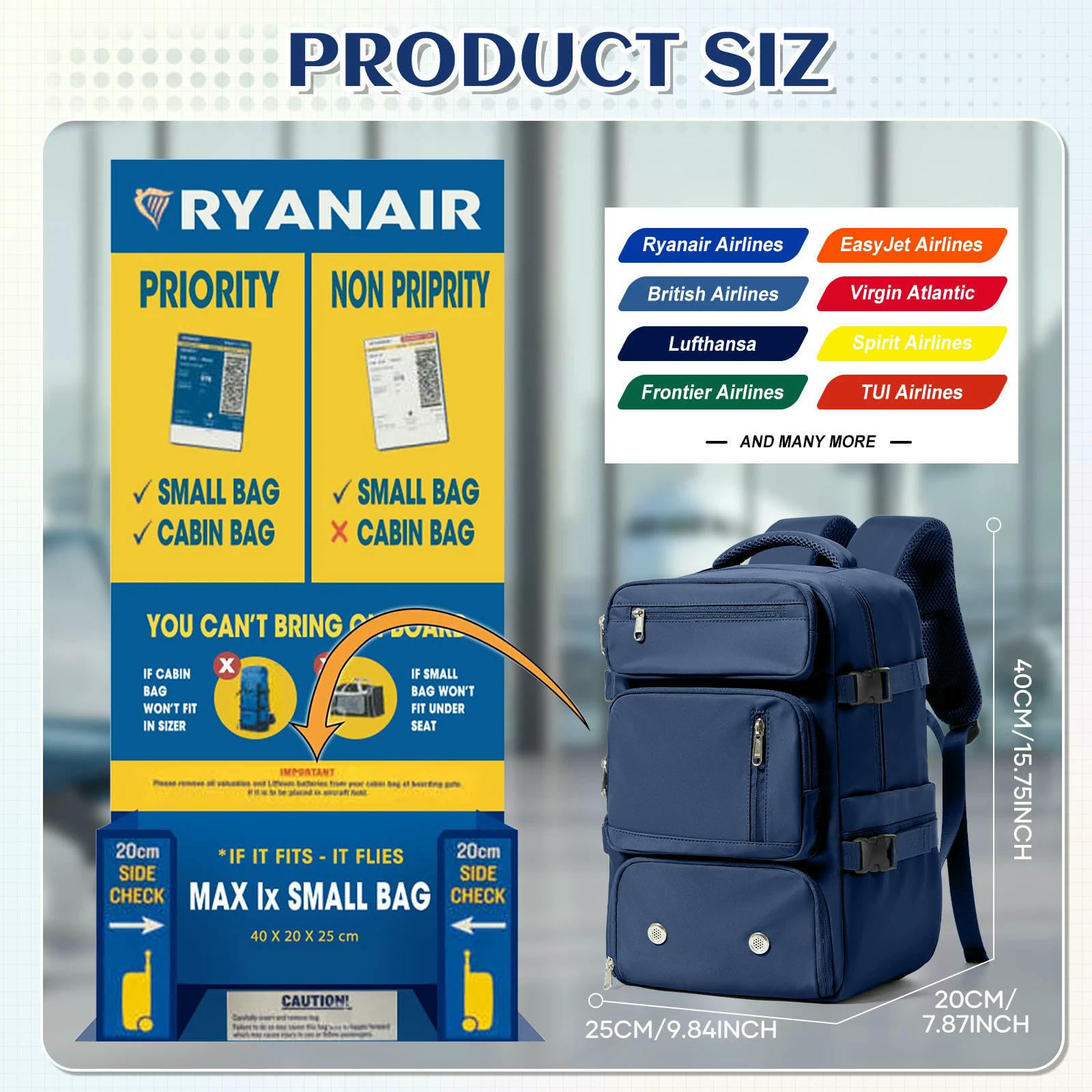 Zaino da Viaggio Antifurto per Aereo – Borsa Cabina Approvata Ryanair, Laptop Escursioni E Sport, Bagaglio A Mano Uomo-Nero