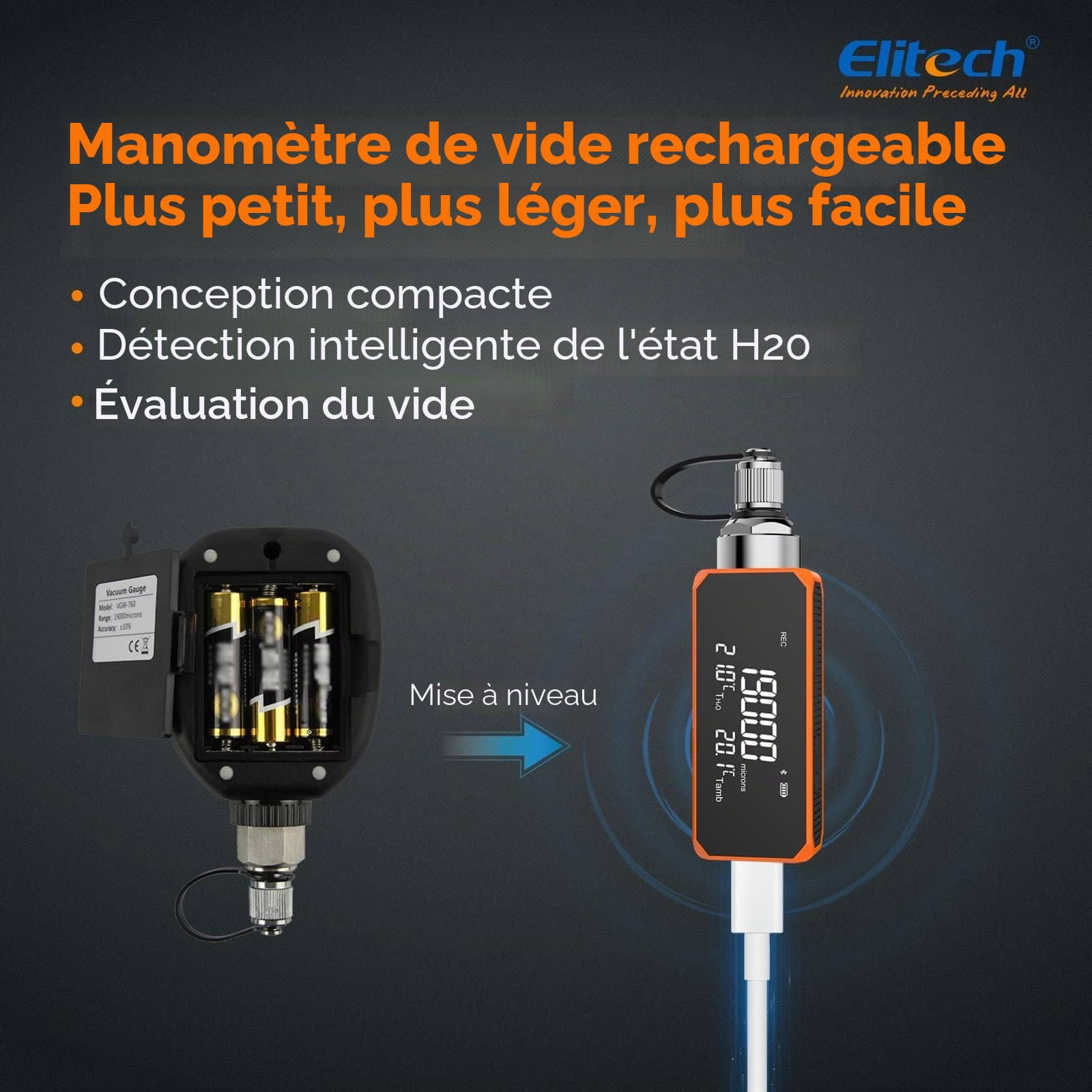 Elitech Vacuomètre Digital VGW-Mini avec Raccords, Manomètre de Vide Numérique pour Réfrigération Climatisation, Jauge à Vide du Réfrigérant Microns SAE 1/4"