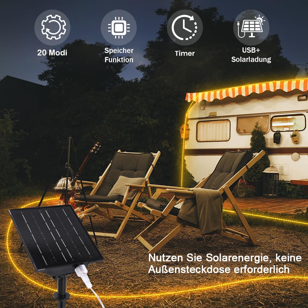 30M 1200 LEDs Solar Lichterschlauch Außen (Durchmesser: 5,5 mm), 2700K Warmweiß LED Lichterkette mit Fernbedienung & USB Port, Outdoor Lichterschlauch Außen, LED Lchtschlauch für Garten Balkon
