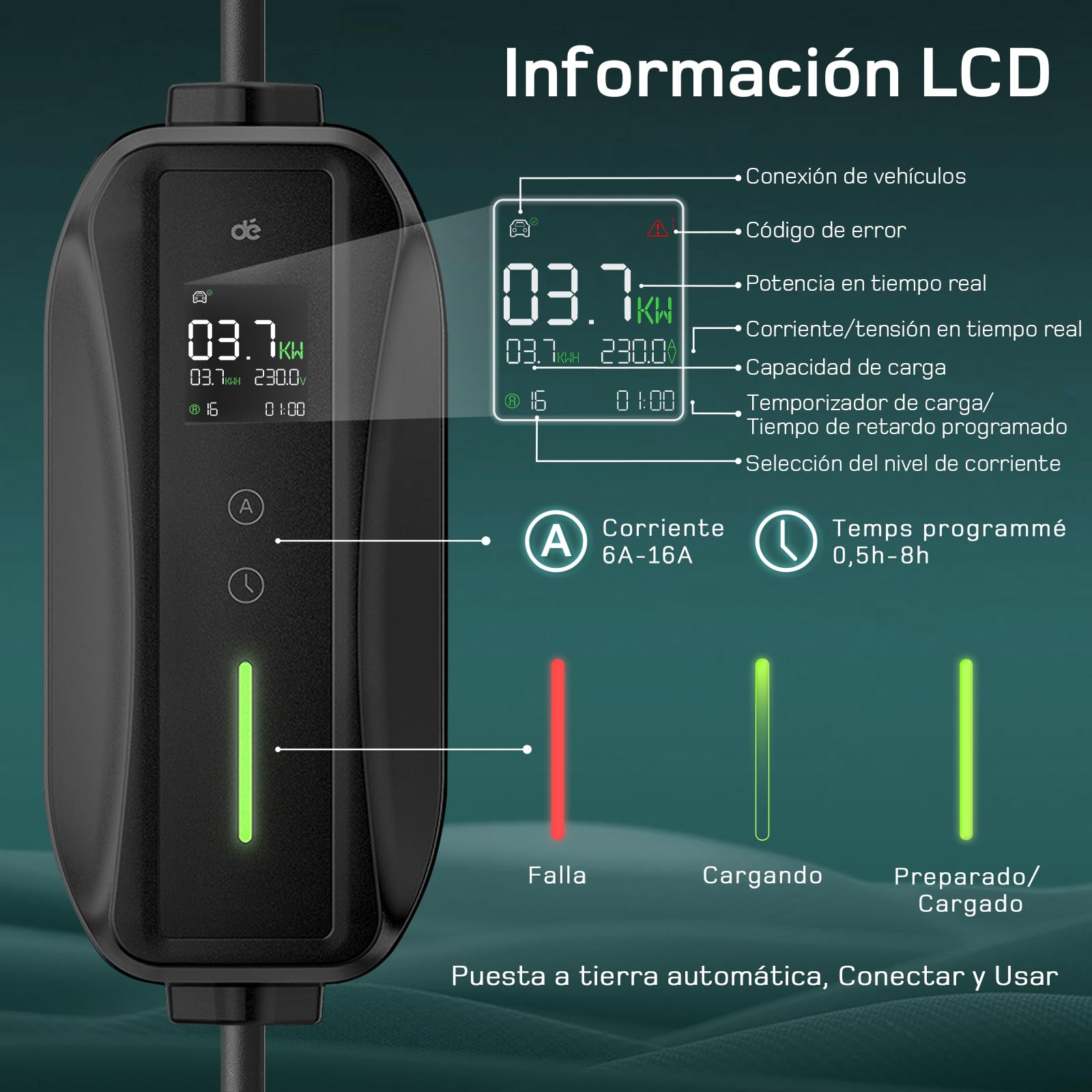 Cargador Coche Electrico 6m Tipo 2 Portatil 3,7kW 6-16A con Enfuse Schuko para Model Y/3 y BEV/PHEV