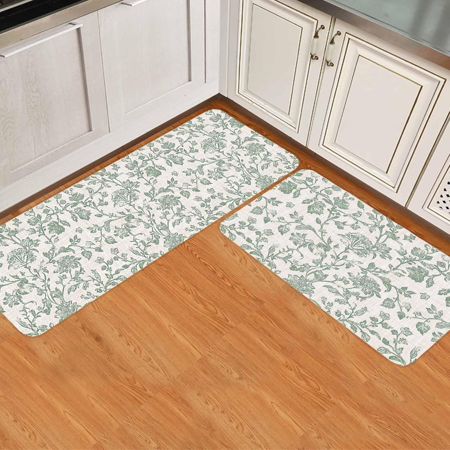 Farmhouse Flower Kitchen Rug Set 2 Pieces Non-Slip Entryway Doormat, Botanical Vintage Fruit Green Leaf Cushioned Runner Rug Standing Floor Rugs Door Mats, (20" x 32"+20" x 48")