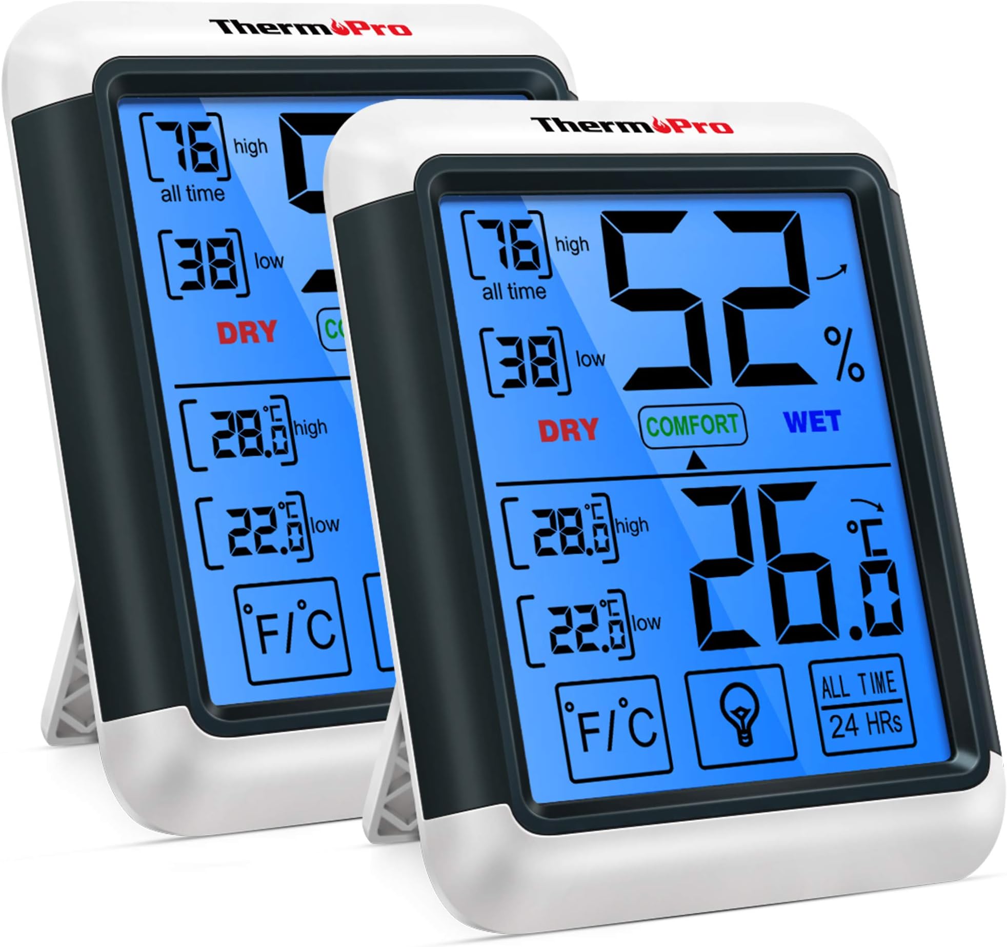TP55 Digital Large Touchscreen Indoor Hygrometer Thermometer, 2 Pieces