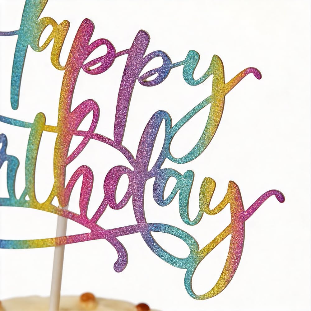 Happy Birthday Cake Topper 3 Piece Set - Rainbow Gradient HB Sign with Wooden Sticks for Cake Decorating, Non-Edible Party Supplies
