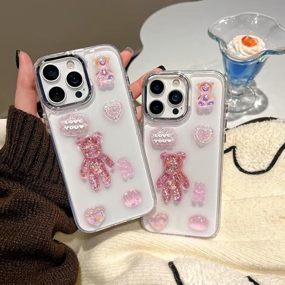 3D Pembe Ayıcık Simli iPhone 15 Plus / 14 Plus Uyumlu Telefon Kılıfı – Şeffaf Silikon Glitter Bear Tasarımlı Darbe Emici
