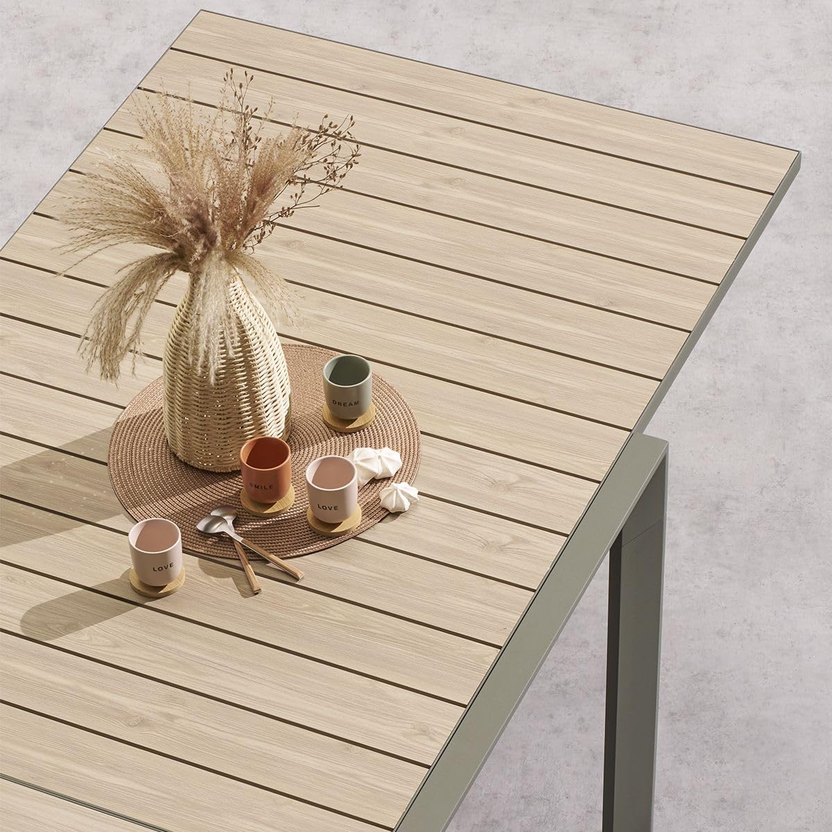 HESPERIDE - Tavolo da giardino allungabile Evasion Beige - 10 posti - Alluminio antiruggine con effetto legno - Prolunga scorrevole
